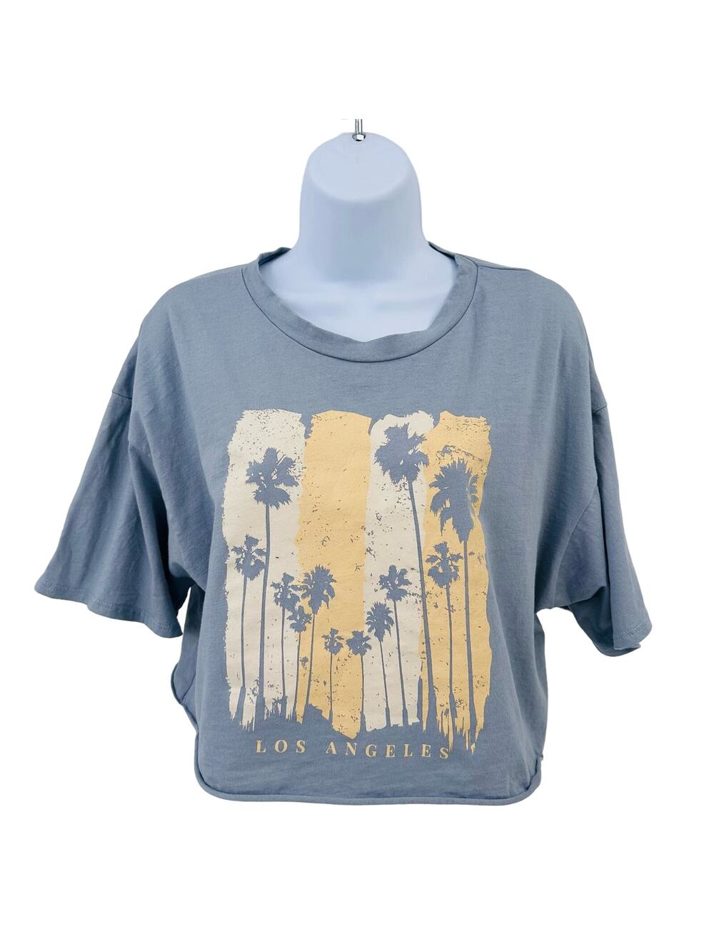 Miroh Tee WMNS L Blue Gray Palm Tree Los Angeles Graphic Boxy Casual Crop Top